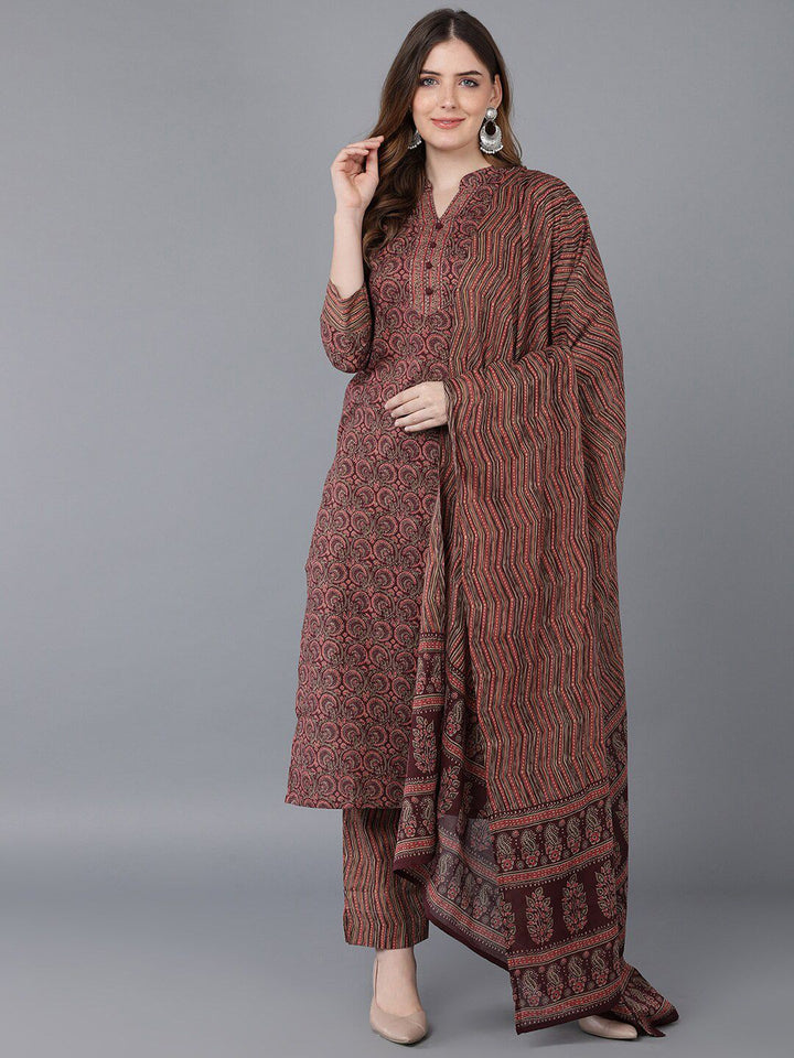 KALINI Ethnic Motifs Printed Mandarin Collar Straight Kurta & Trousers With Dupatta