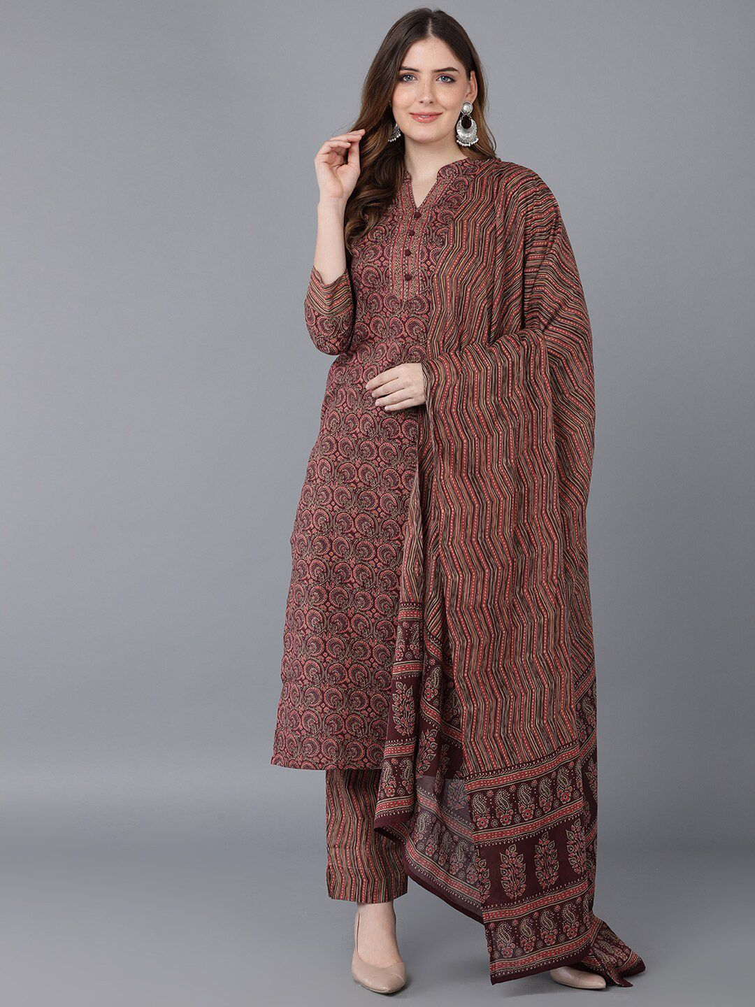 KALINI Ethnic Motifs Printed Mandarin Collar Straight Kurta & Trousers With Dupatta