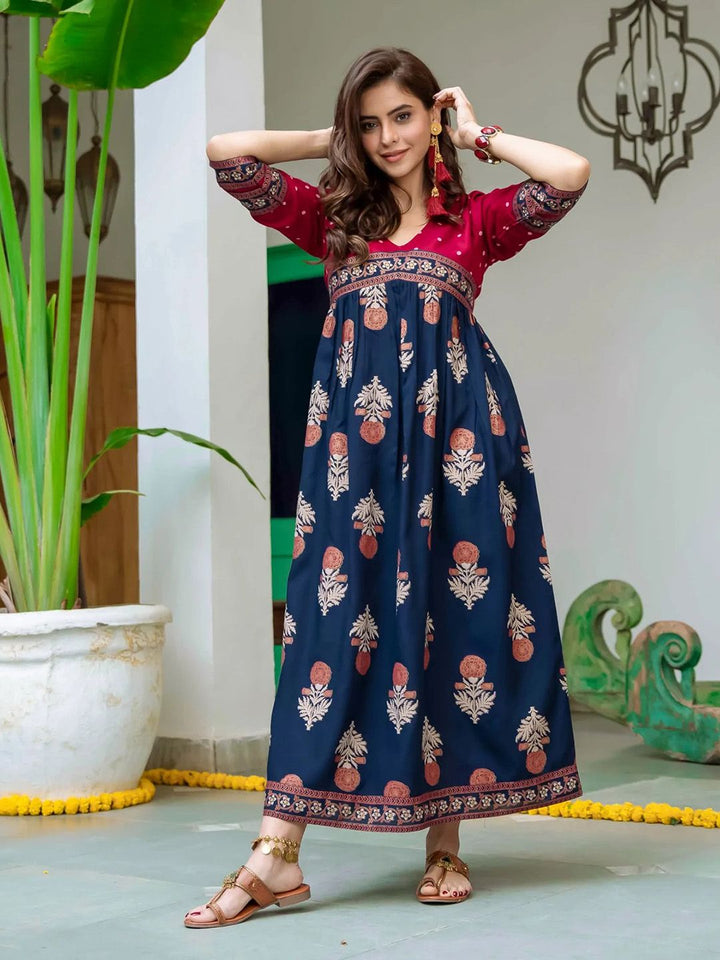 Rustorange Red & Navy Blue Ethnic Motifs Printed Maxi Dress