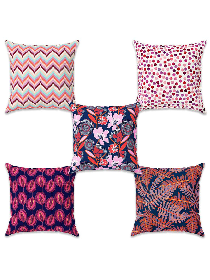 Story@home Purple & White 5 Pieces Floral Square Cushion Covers
