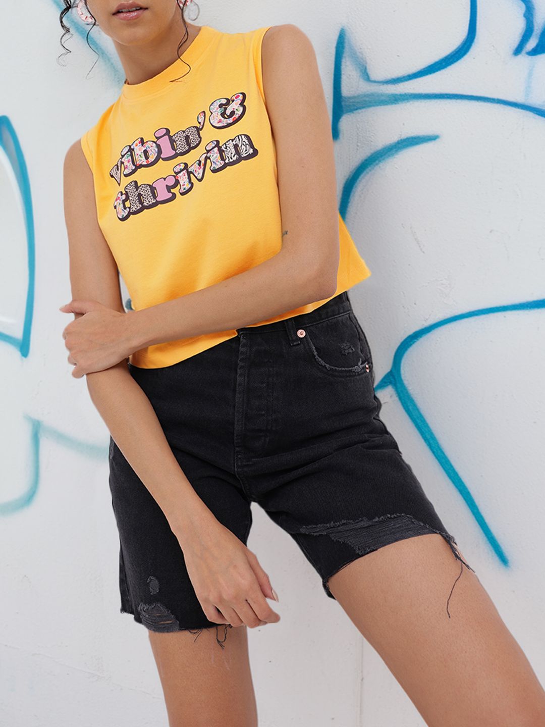 DressBerry Feel Good Thrivin Typo Printed Sleeveless Crop T-shirt