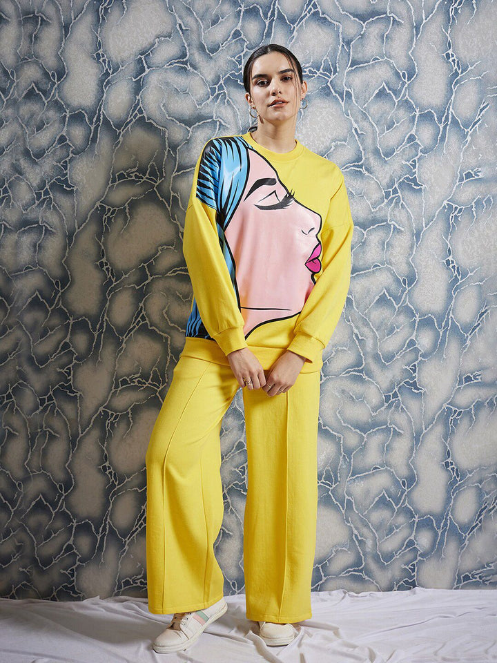 Athena Yellow Graphic Printed Drop Shoulder Sleeves Fleece Pullover