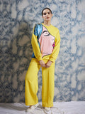 Athena Yellow Graphic Printed Drop Shoulder Sleeves Fleece Pullover