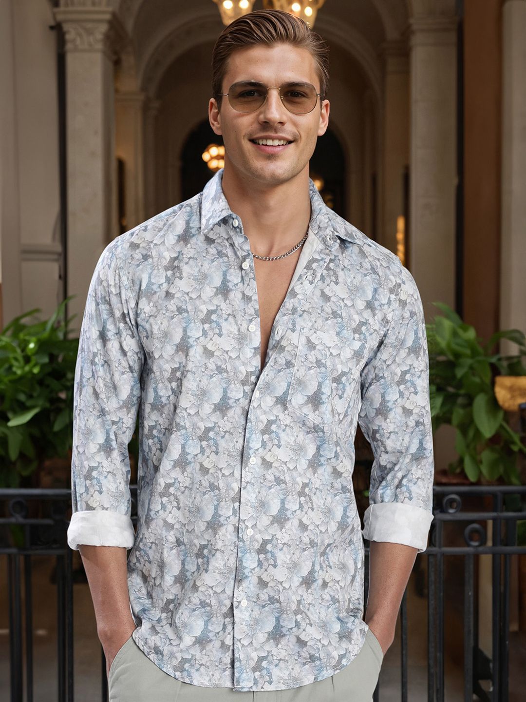 Bene Kleed Men Slim Fit Floral Printed Chest Pocket Casual Shirt