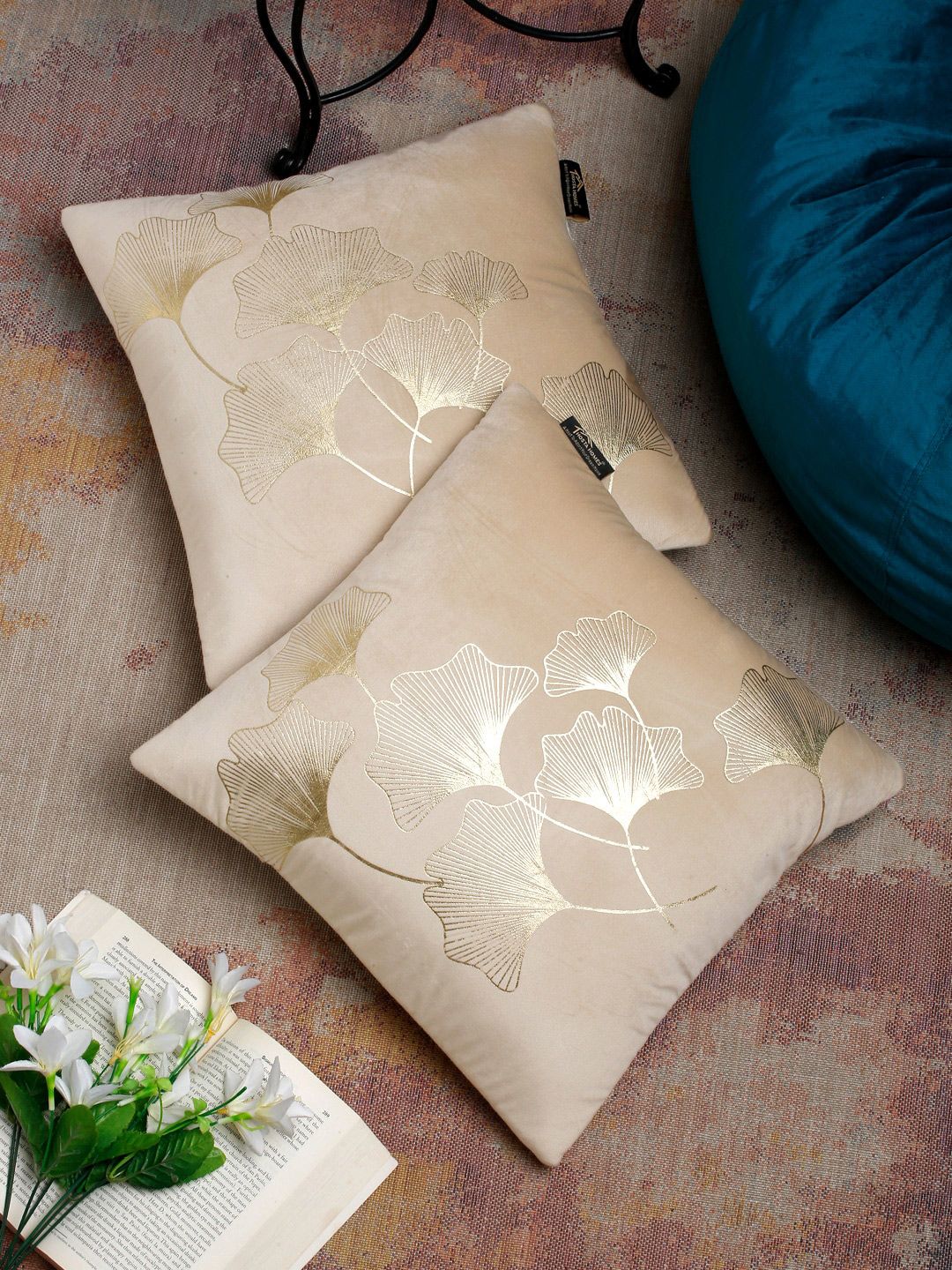 HOSTA HOMES Cream Set of 2 Floral Velvet Square Cushion Covers