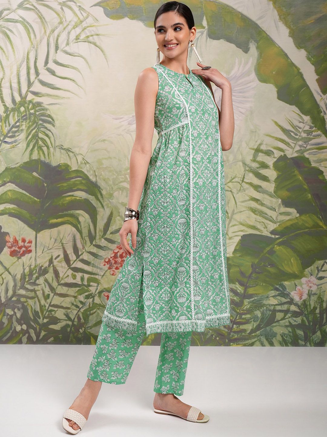 Vishudh White Floral Printed Gotta Patti Pure Cotton A-Line Kurta With Trousers & Dupatta