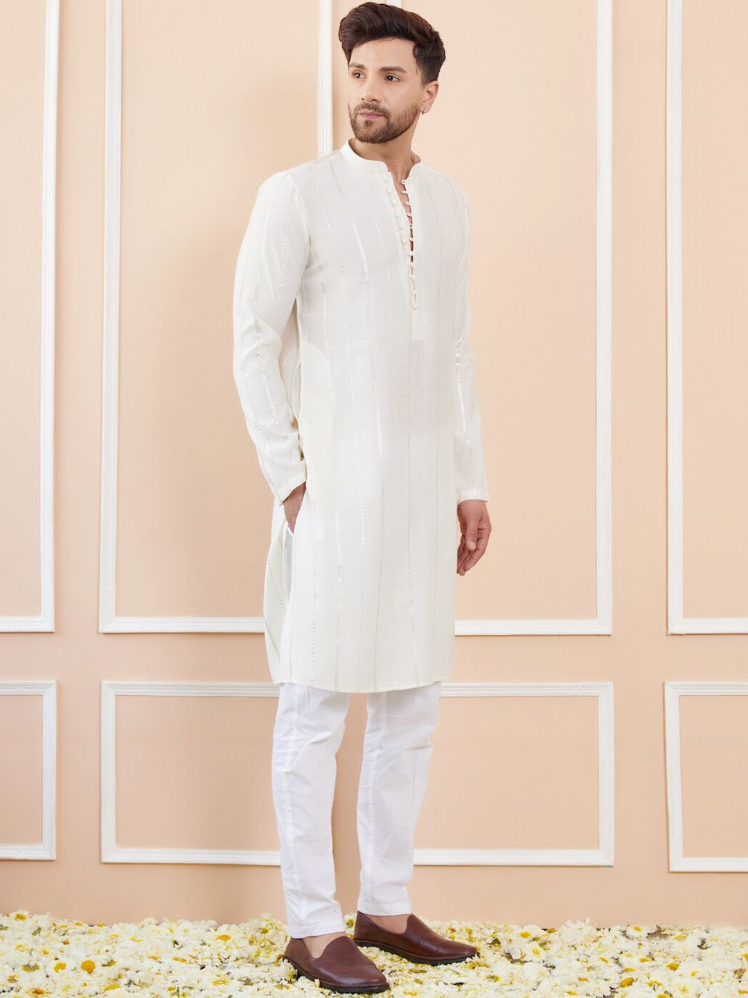 See Designs Mandarin Collar Long Sleeves Chanderi Silk Kurta