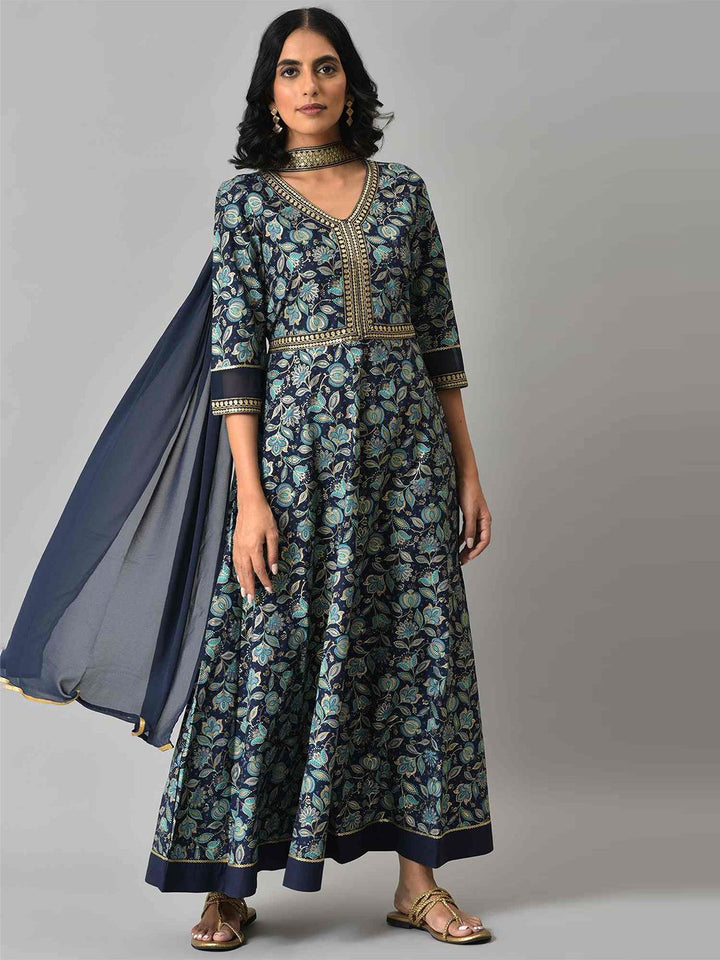 AURELIA Blue Zari Embroidered Floral Printed Choker Maxi Dress