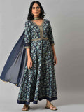 AURELIA Blue Zari Embroidered Floral Printed Choker Maxi Dress