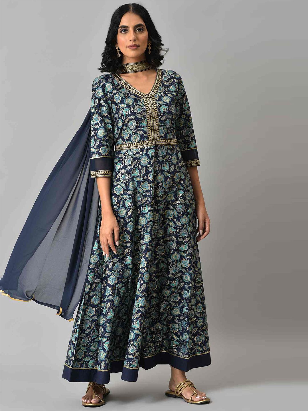 AURELIA Blue Zari Embroidered Floral Printed Choker Maxi Dress