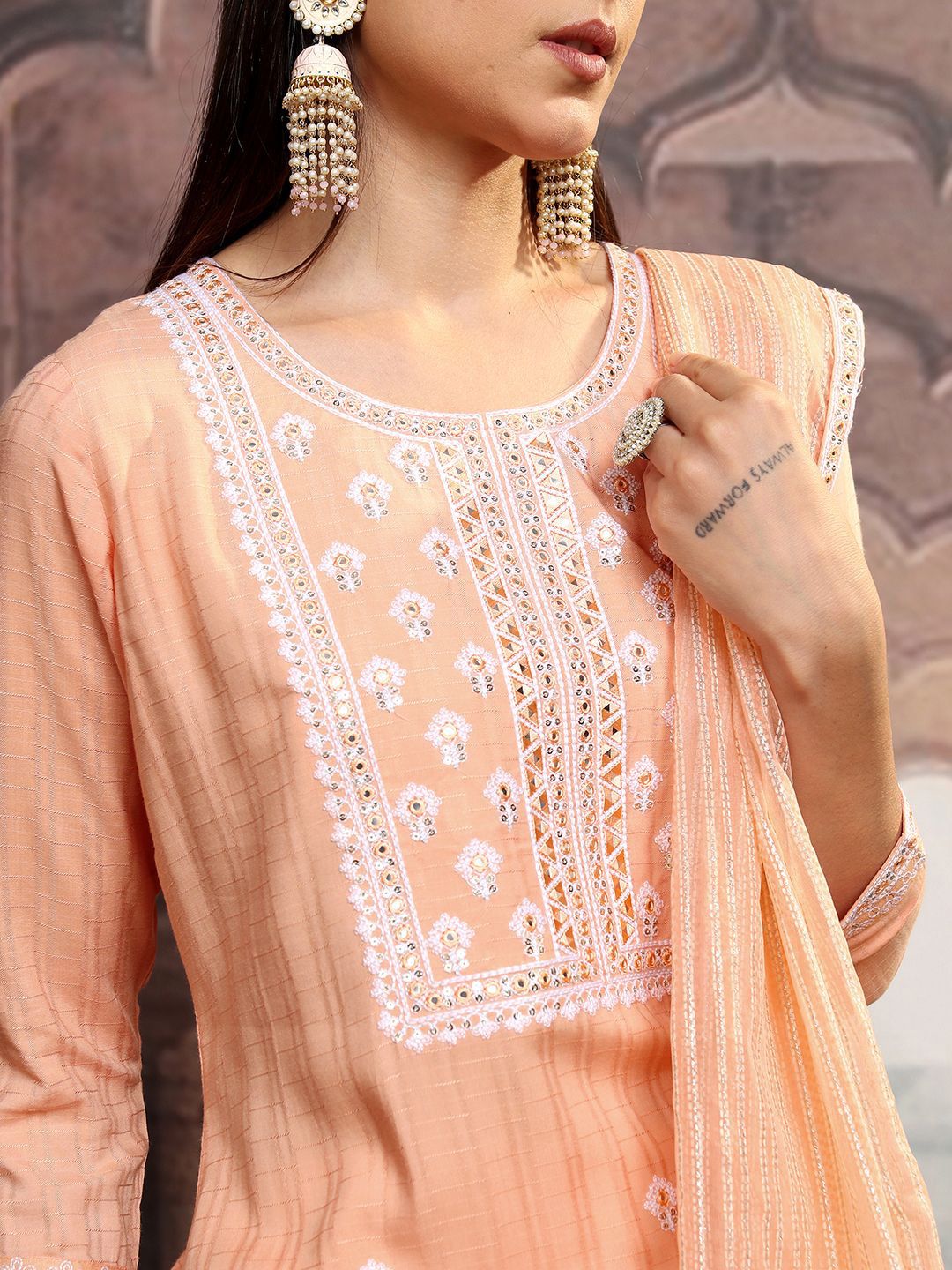 Vishudh Orange Ethnic Motifs Embroidered Thread Work Kurta with Trousers & Dupatta