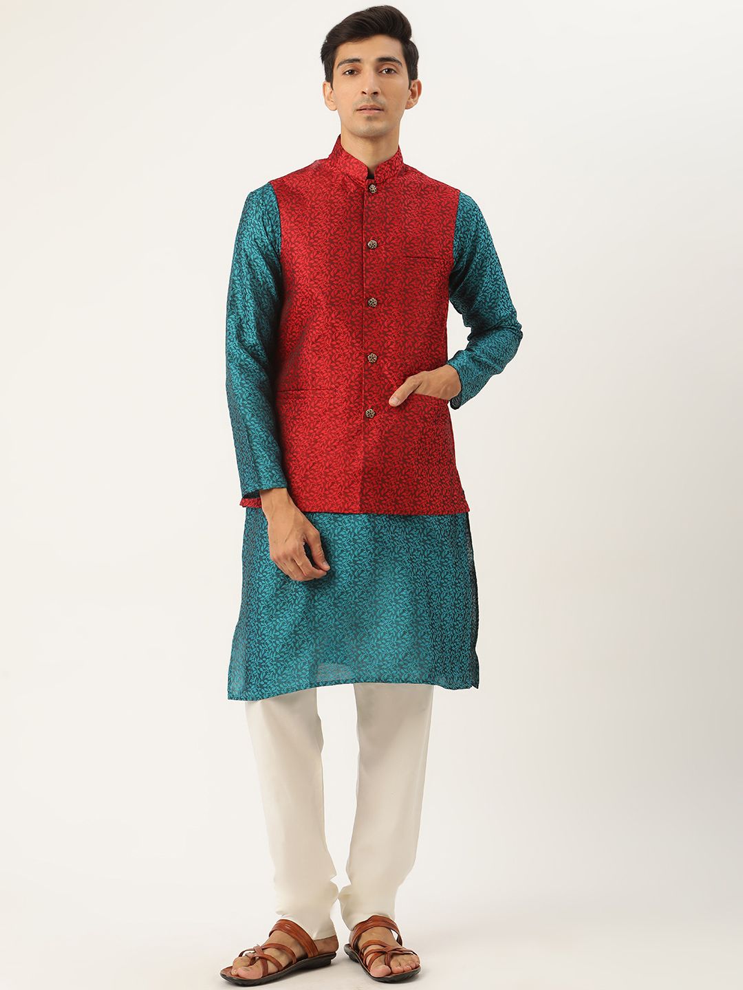 SOJANYA Kurta Tenunan Lelaki Teal Blue & Maroon dengan Jaket Churidar & Nehru