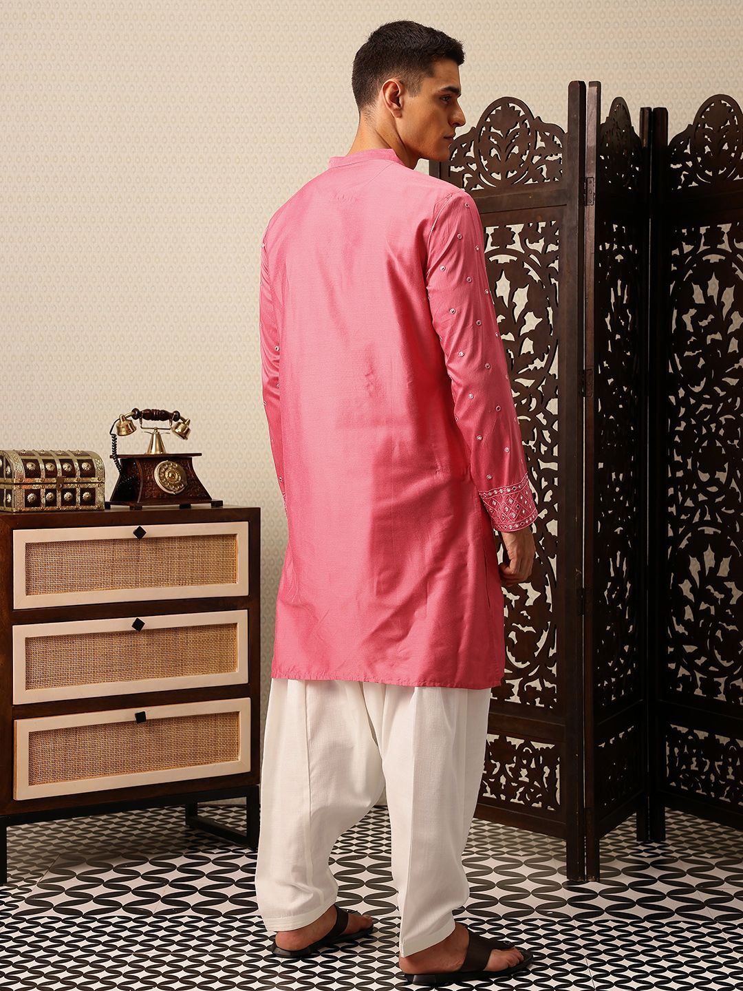 House of Pataudi Embroidered Mandarin Collar Mirror Work Jashn Kurta with Salwar