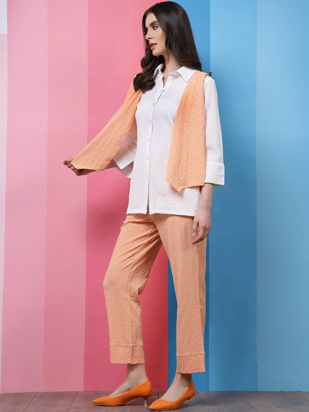 Athena White & Peach Self-Design Shirt Collar Shirt With Trousers & Scarf Co-Ords