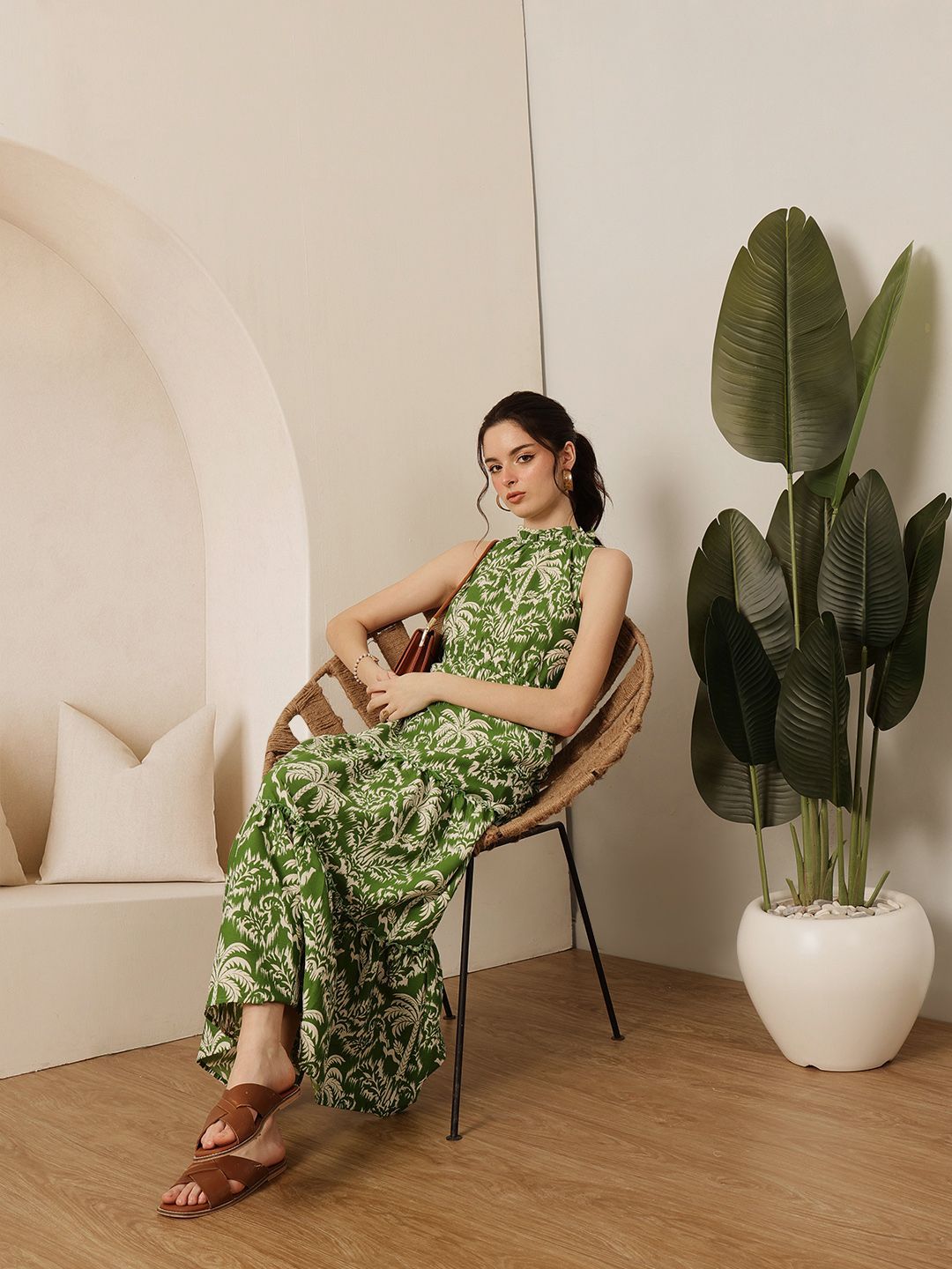 STREET 9 Women Tropical Printed Sleeveless Cotton Fit and Flare Maxi Dress