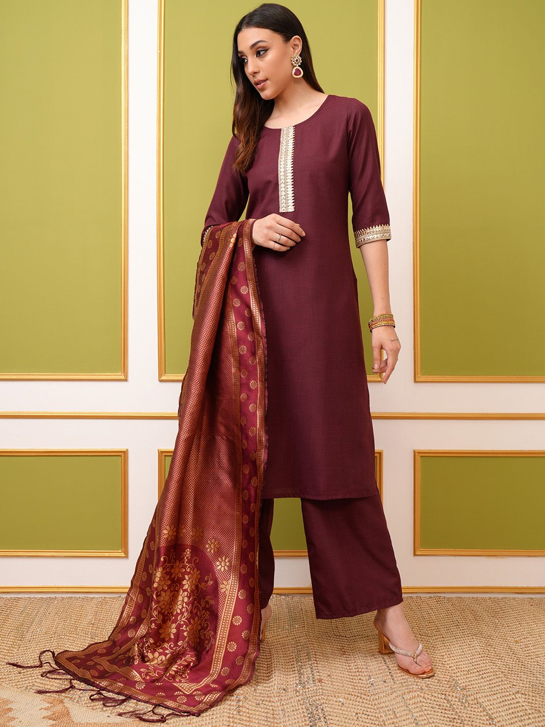 Vishudh Burgundy Yoke Design Thread Work Straight Kurta & Palazzos With Dupatta