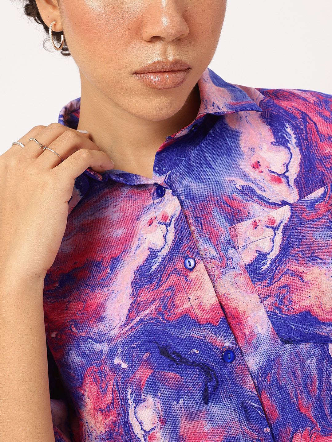 DressBerry Abstract Print Chest Pocket Crop Shirt