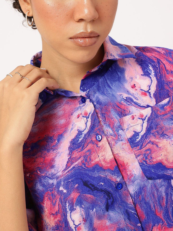 DressBerry Abstract Print Chest Pocket Crop Shirt