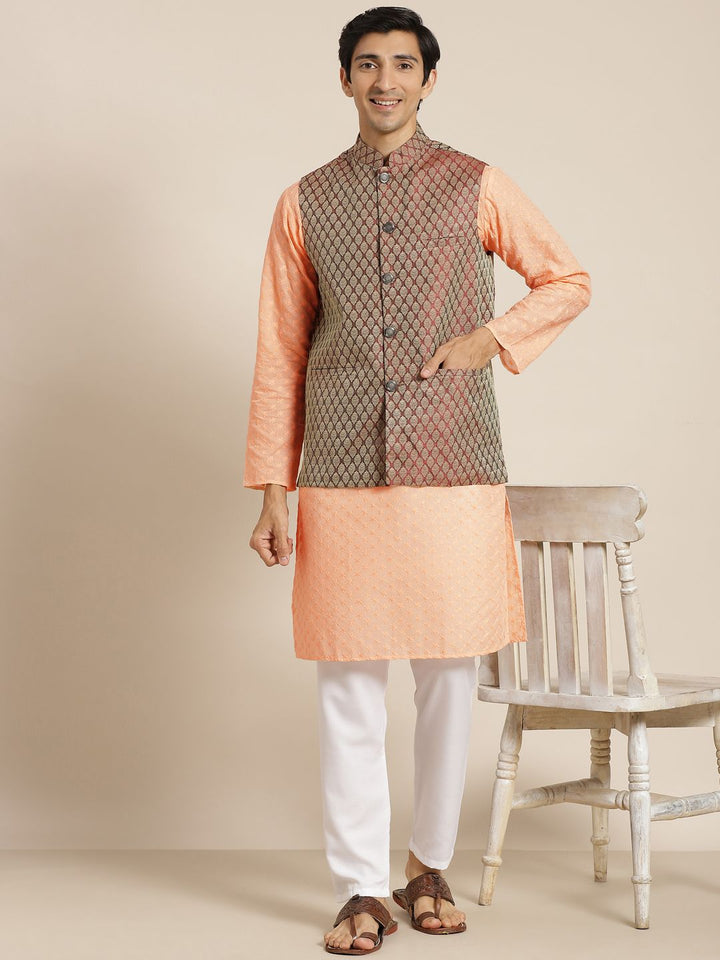 SOJANYA Men Peach-Coloured Chikankari Pure Cotton Kurta with Churidar & Nehru Jacket