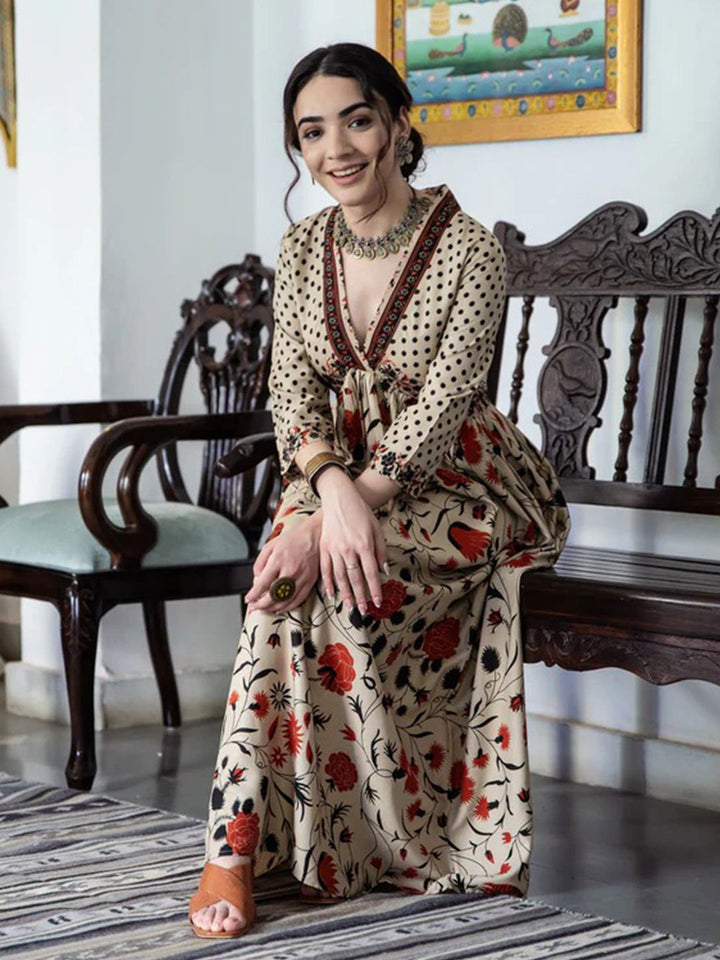 Rustorange Women Beige & Orange Printed A-Line Dress