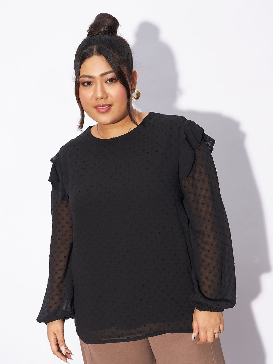 SASSAFRAS Curve Plus Size Self Design Puff Sleeves Ruffles Top