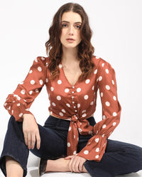 RAREISM Polka Dot Print Puff Sleeve Styled Back Crop Top