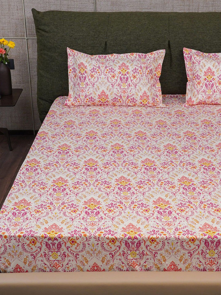 URBAN SPACE Peach-Coloured Printed Cotton 200 TC Single Bedsheet With 2 Pillow Covers