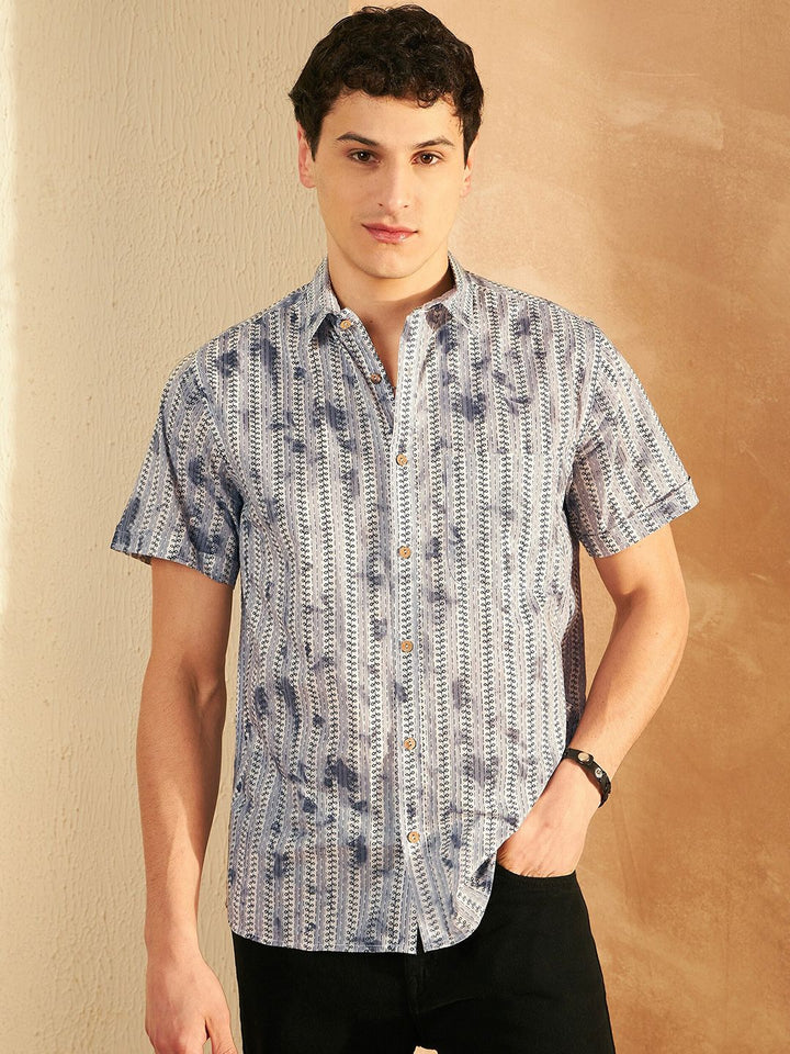 DENNISON Smart Printed Spread Collar Short Sleeves Cotton Lightweight Shirt