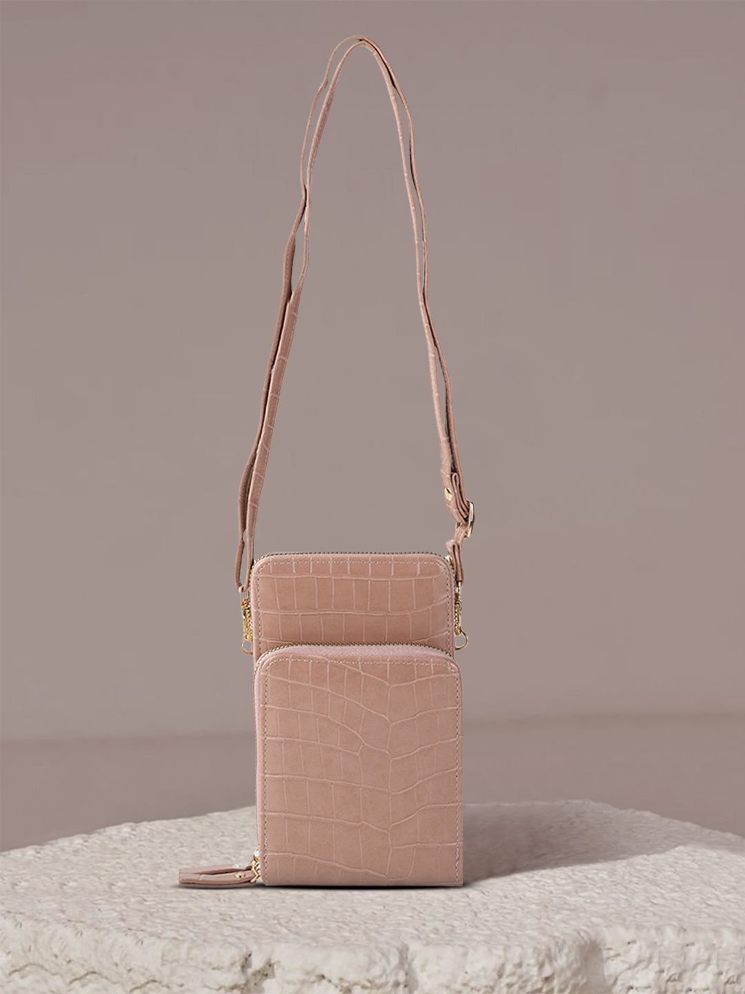 Lino Perros Peach-Coloured Animal Textured PU Structured Sling Bag