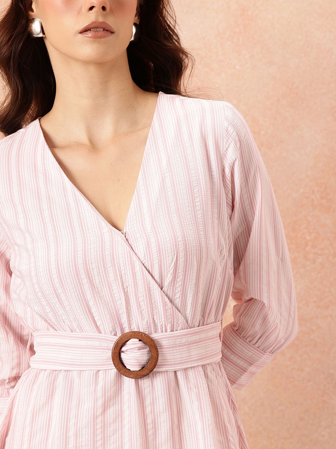 all about you Vertically Striped Seersucker Wrap-Style Midi A-Line Dress with Belt