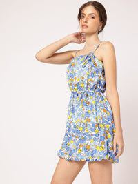 DressBerry Elegant Essence Printed Strappy Bow-Detail Mini Balloon Dress with Belt