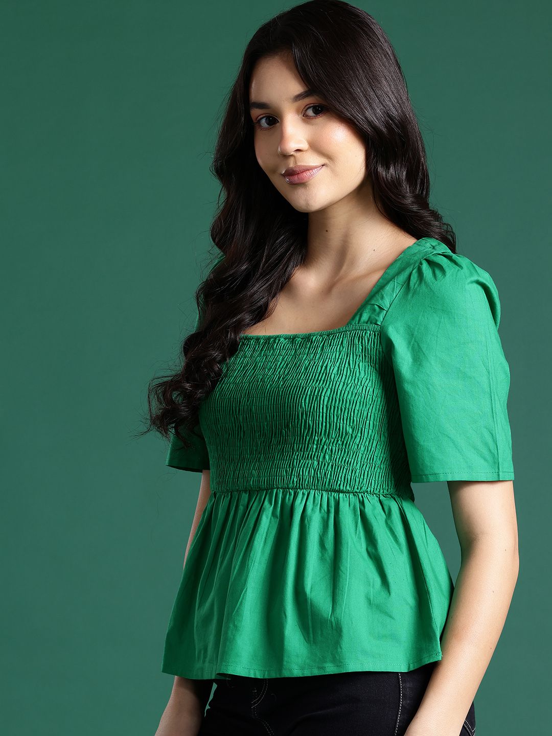 DressBerry Puff Sleeves Smocked Cotton Peplum Top