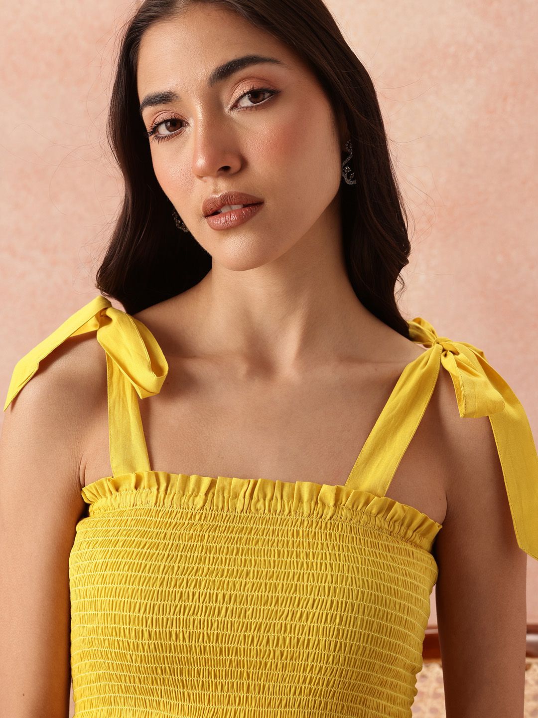 all about you Smocked Effect Tie-Up Detail Shoulder Straps Pure Cotton Peplum Top