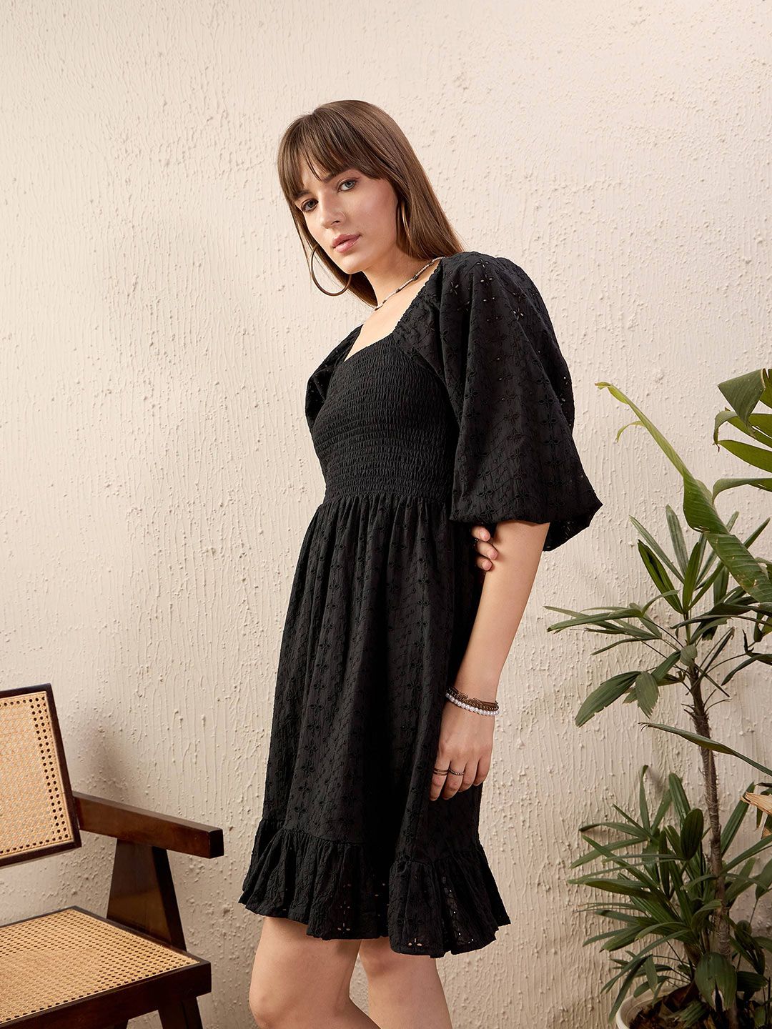 SASSAFRAS Black Schiffli Pure Cotton Fit & Flare Dress