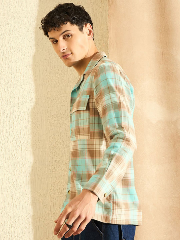 DENNISON Smart Tartan Checks Cuban Collar Cotton Casual Shirt