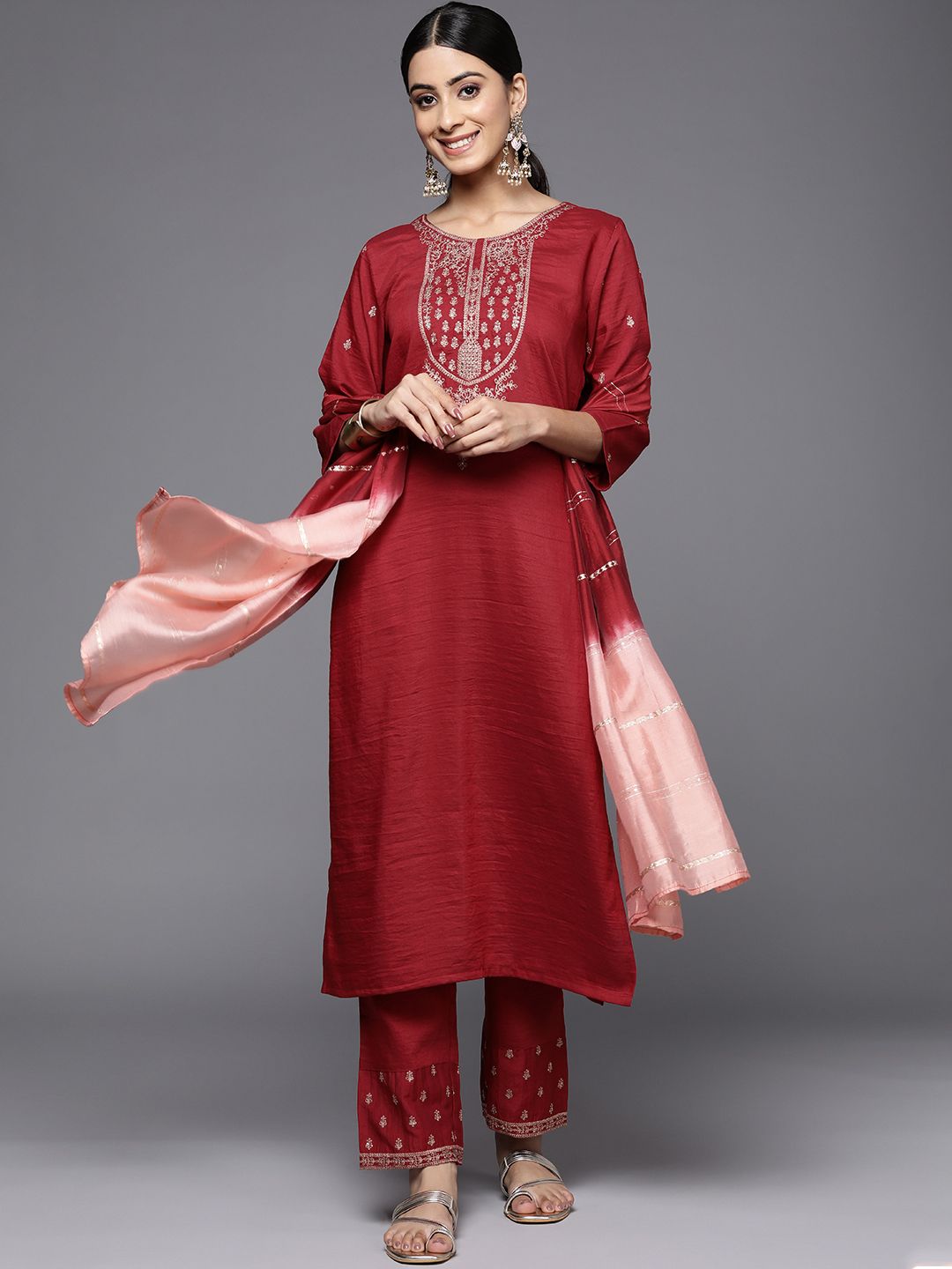 Varanga Women Maroon Ethnic Motifs Embroidered Kurta with Trousers & Dupatta