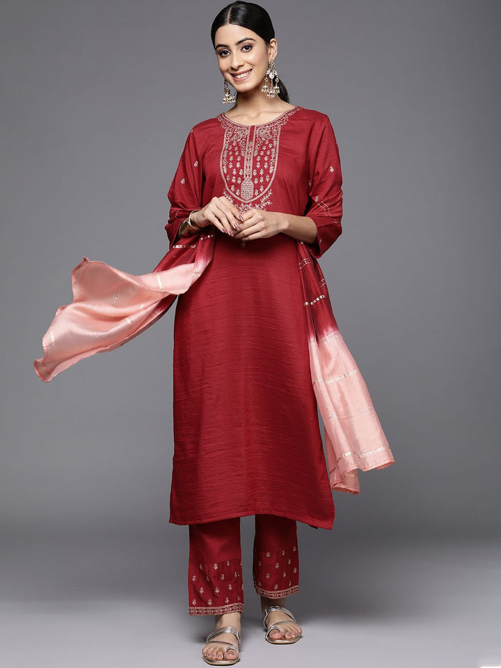 Varanga Women Maroon Ethnic Motifs Embroidered Kurta with Trousers & Dupatta