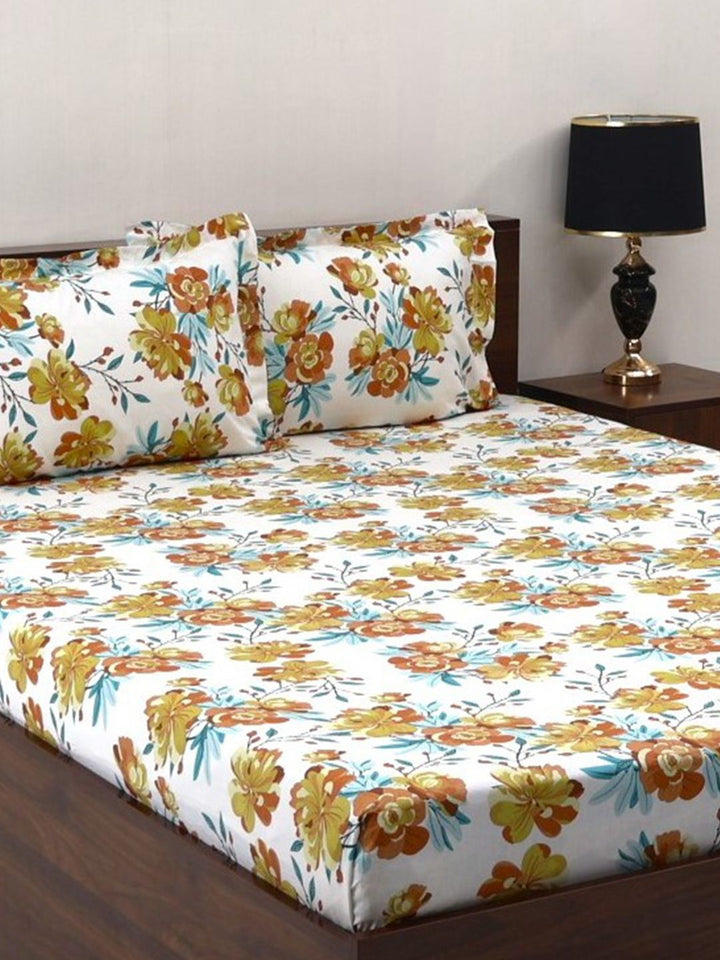 BOMBAY DYEING Allure Brown Floral Cotton 144 TC Fitted Bedsheet Set-1.52 m X1.98mX 30cm