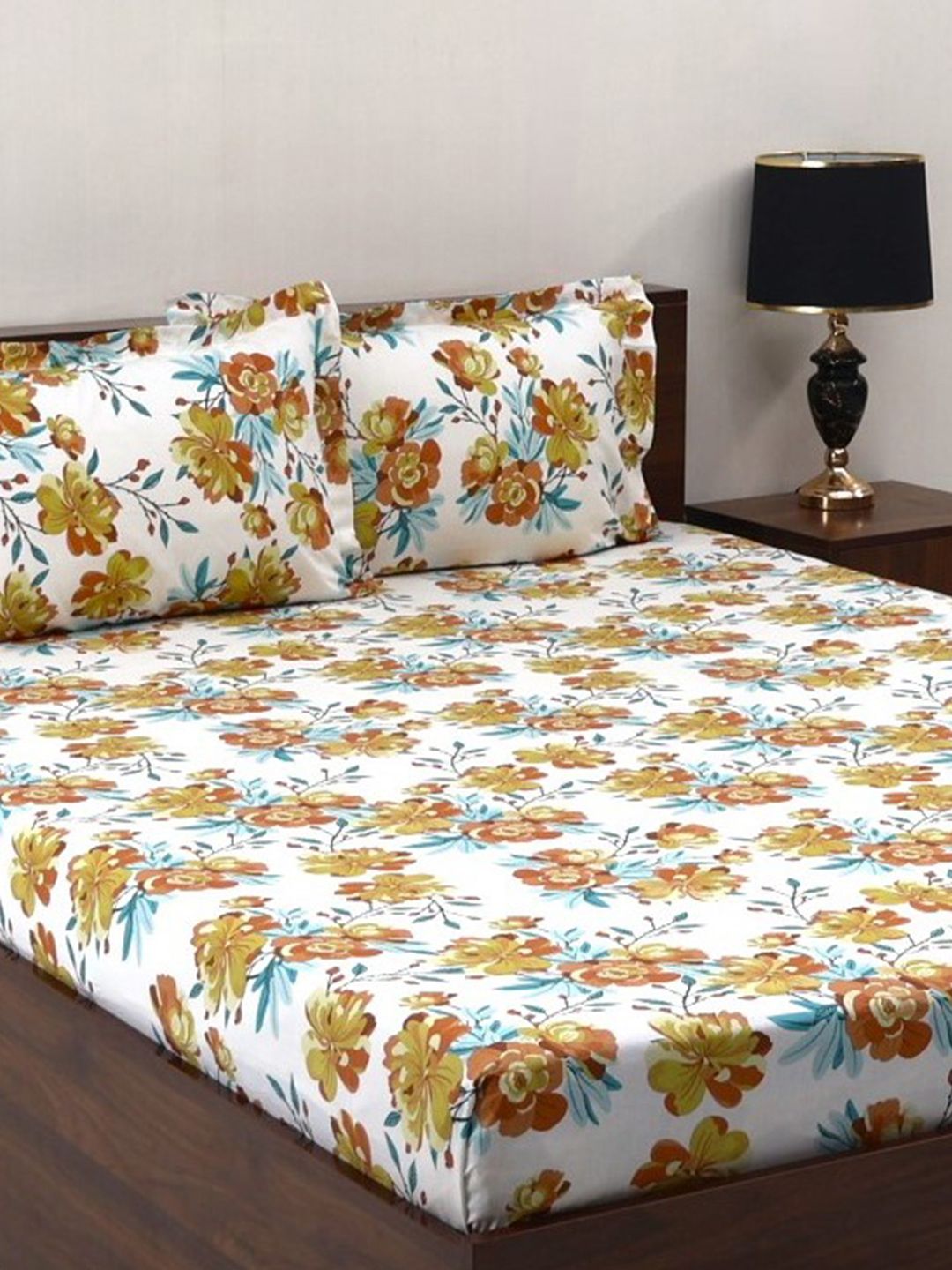 BOMBAY DYEING Allure Brown Floral Cotton 144 TC Fitted Bedsheet Set-1.52 m X1.98mX 30cm