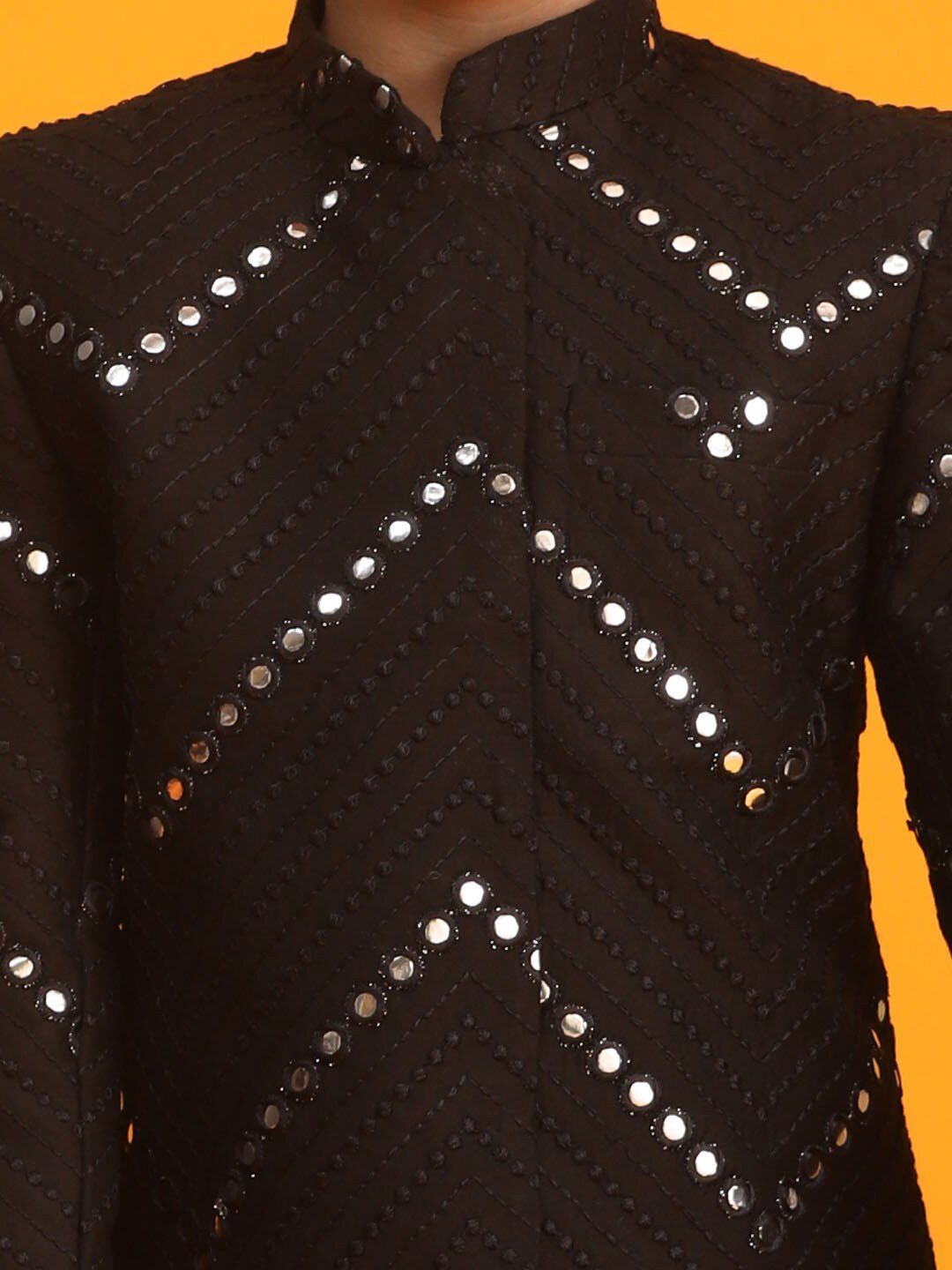 VASTRAMAY Boys Mirror Work Embroidered Slim-Fit Bandhgala Ethnic Blazer