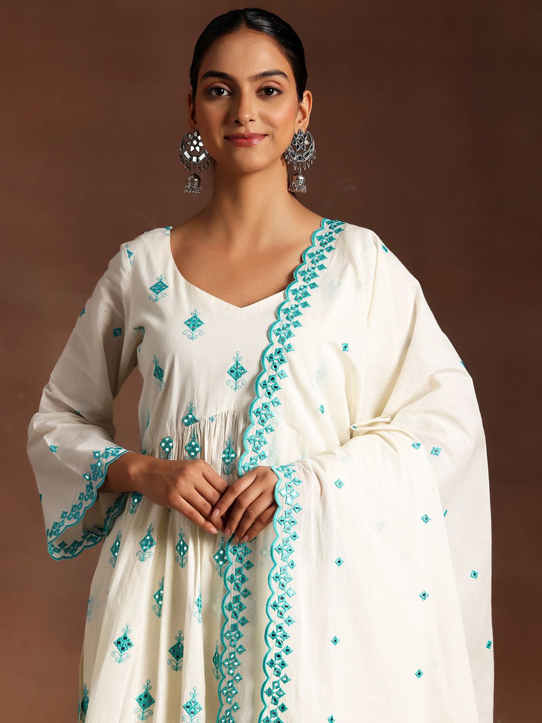 Libas Floral Embroidered Empire Thread Work Pure Cotton Kurta With Trousers & Dupatta