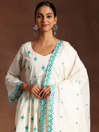 Libas Floral Embroidered Empire Thread Work Pure Cotton Kurta With Trousers & Dupatta