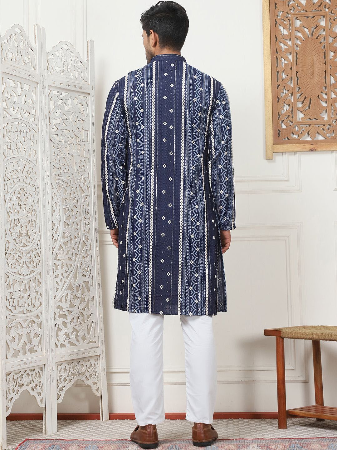 Anouk Embroidered Mandarin Collar Mirror Work Cotton Silk Straight Kurta With Pyjamas