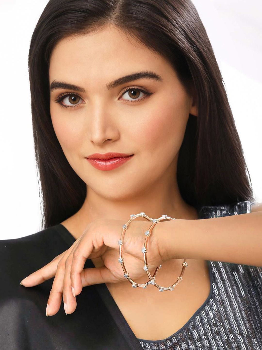 Priyaasi Set Of 2 Rose Gold-Plated & White American Diamond-Studded Handcrafted Bangles