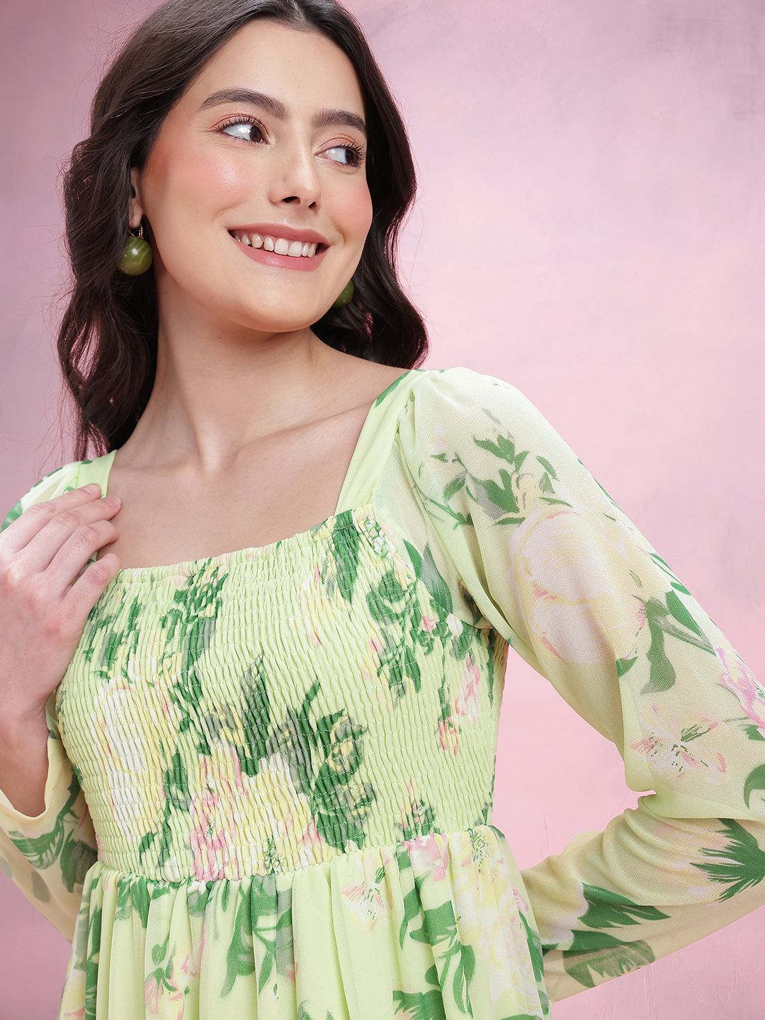 DressBerry Floral Print Square Neck Pleated Smocked Midi Dress