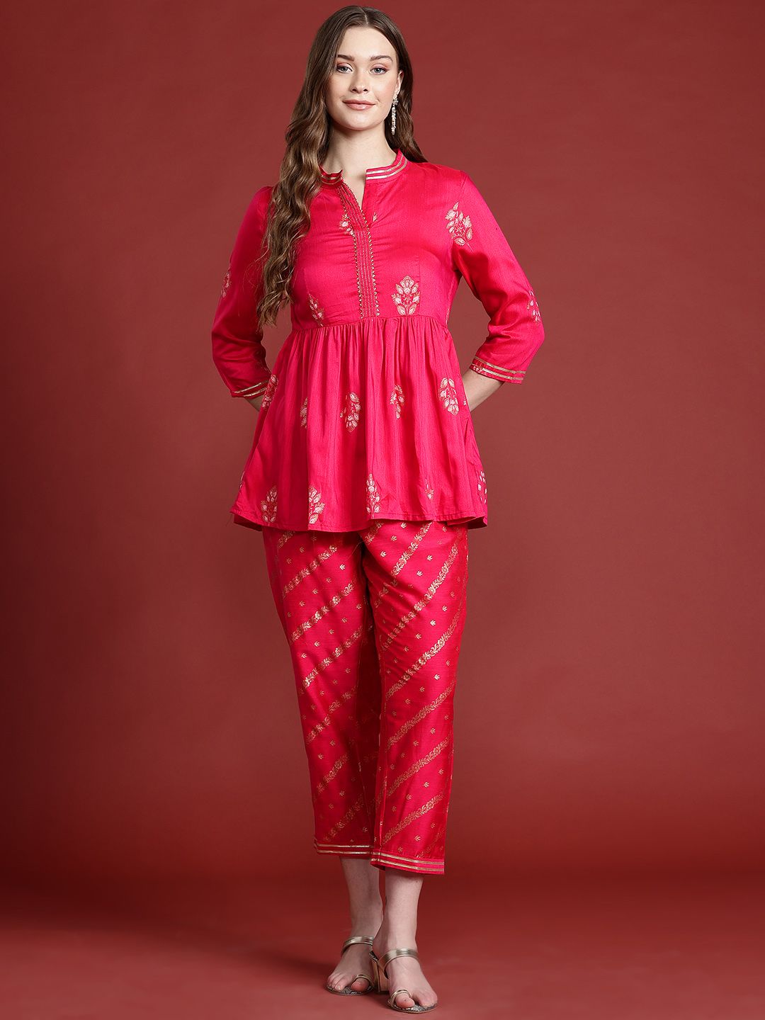 Anouk Ethnic Motifs Printed Pleated Gotta Patti Kurta with Trousers