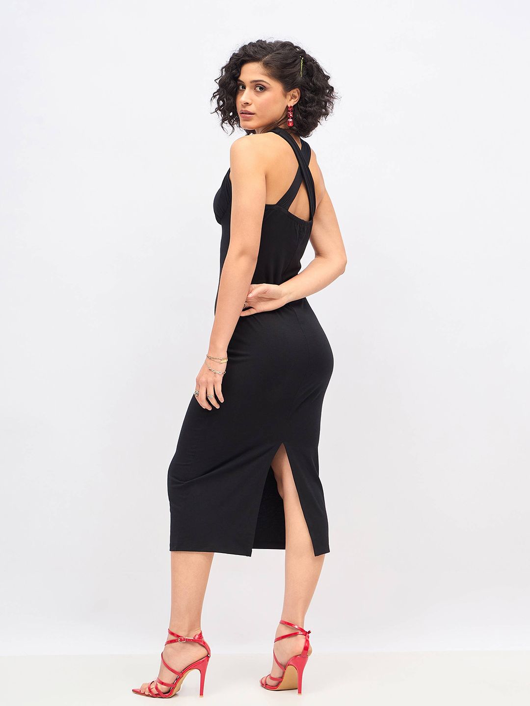SASSAFRAS Black High Neck Sheath Midi Dress