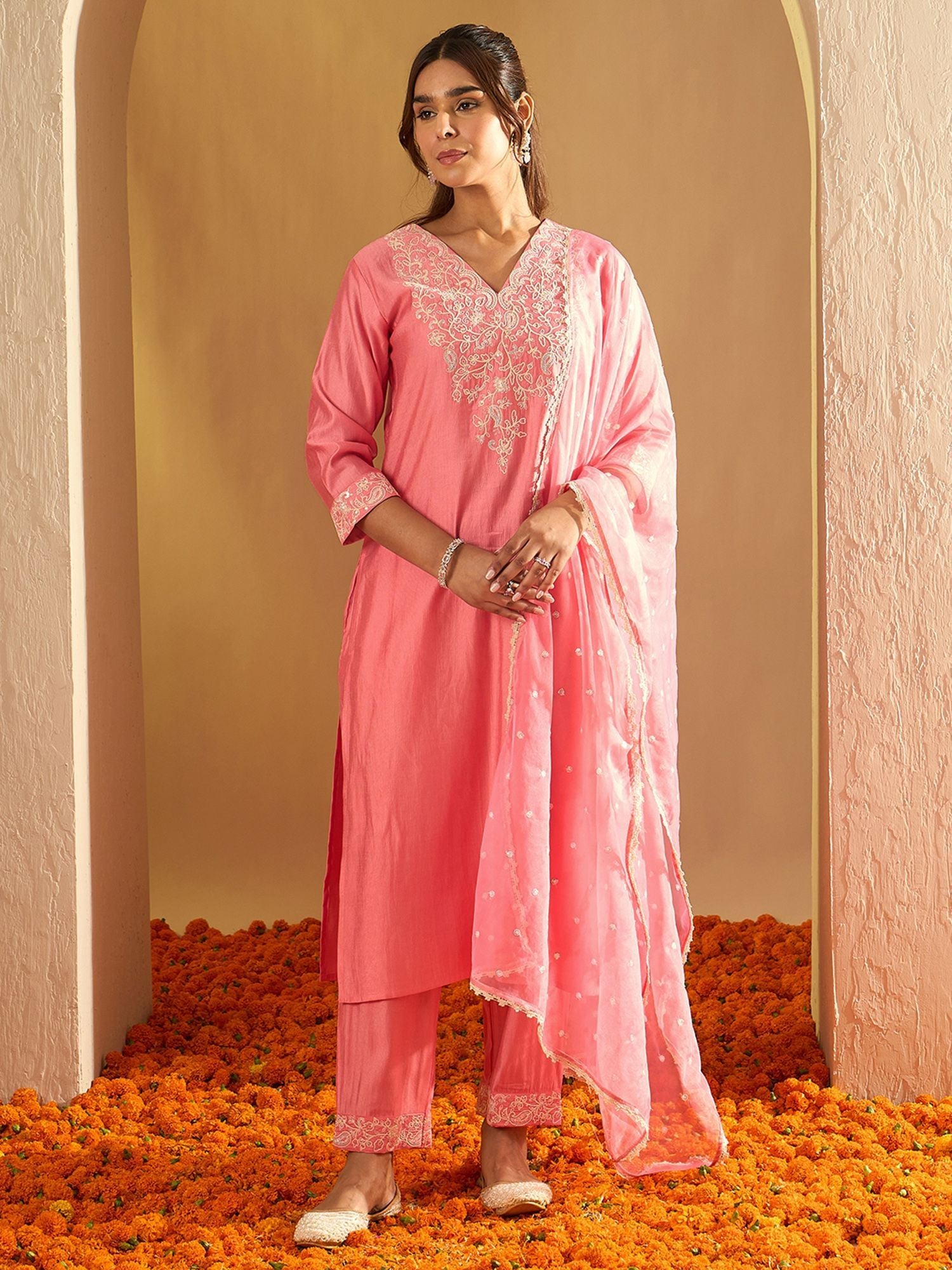 Indo Era Floral Embroidered Liva V-Neck Straight Kurta With Trousers And Dupatta