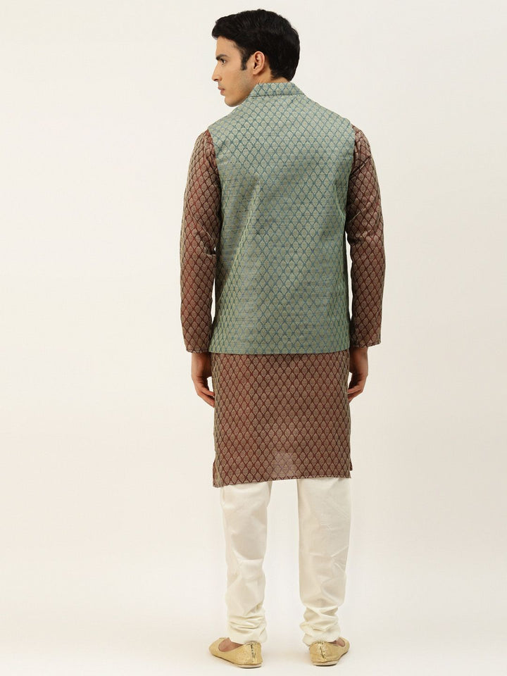 SOJANYA Kurta Motif Etnik Maroon & Beige dengan Jaket Churidar & Nehru