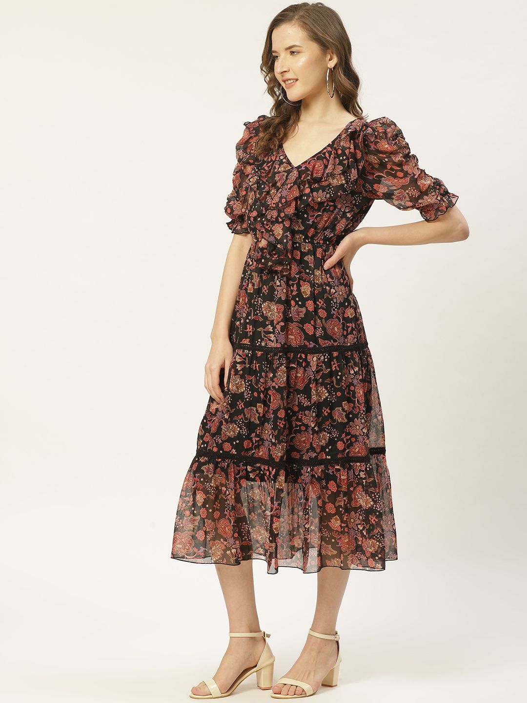Antheaa Black & Rust Orange Floral Print Tiered Midi Fit & Flare Dress with Ruffles